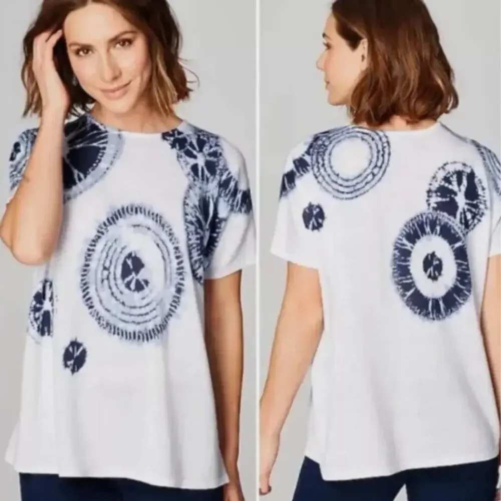 Pure Jill L Linen Blend Shibori Tie Dye Sweater Top White Blue Short Sleeve Boxy